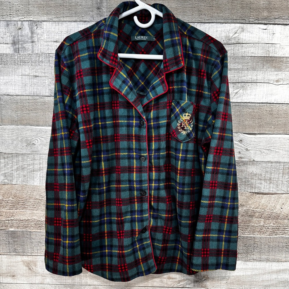 Lauren Ralph Lauren Women's Microfleece Plaid Pajama Top Lounge Shirt Red Trim L